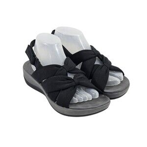 Clarks 8.5 Arla Meg Cloudsteppers Black Fabric Slingback‎ Stretch Wedge EUC
